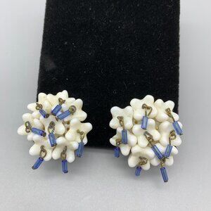 Vintage Made in West Germany White Flower Cluster Earrings with Clip Back